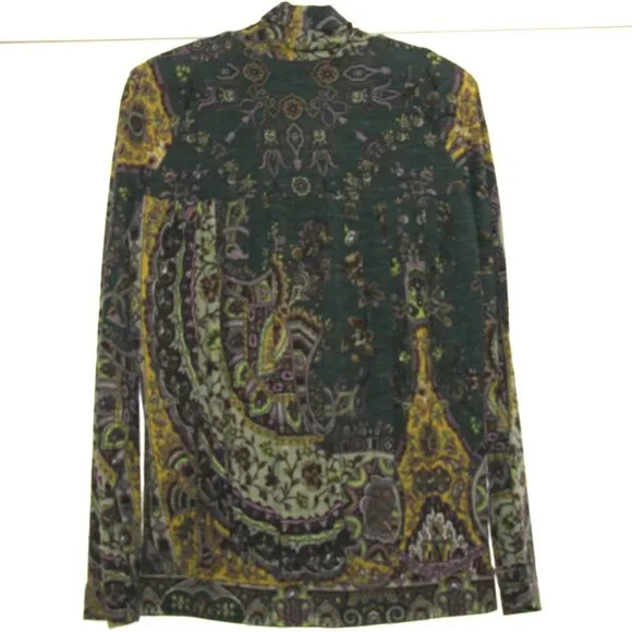 ETRO Italy Knit Wool Blend Pleated Back Top Paisley Turtleneck India Print 46 EU